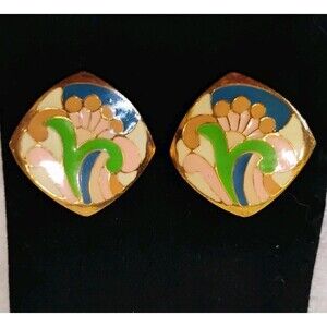 Rare Vintage Lanvin Style Enamel & Gold Tone Clip On Earrings French Couture MCM